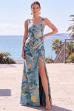 Floral Square Neck Black Long Formal Dress With Slit