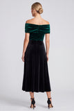 Off The Shoulder Dark Green and Black Ruched Midi Velvet Dress
