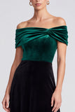 Off The Shoulder Dark Green and Black Ruched Midi Velvet Dress