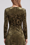 Olive Floral Velvet A-Line Midi Wedding Guest Dress with Long Sleeves