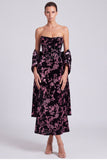 Strapless Black Pink Flower Corset Ruched A-Line Midi Wedding Guest Dress