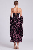 Strapless Black Pink Flower Corset Ruched A-Line Midi Wedding Guest Dress