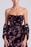 Strapless Black Pink Flower Corset Ruched A-Line Midi Wedding Guest Dress