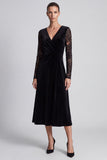 Black A Line Lace Midi Velvet Dress With Long Sleeves