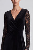 Black A Line Lace Midi Velvet Dress With Long Sleeves