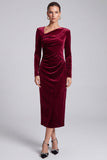 Sheath Burgundy Midi Velvet Dress With Long Sleeves