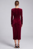 Sheath Burgundy Midi Velvet Dress With Long Sleeves