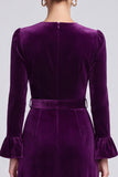 Long Sleeve A Line Purple Midi Velvet Dress With Belt