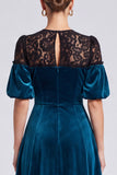A Line Lace Peacock Blue Midi Velvet Dress With Puff Sleeves