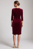 Sheath Burgundy Sparkly Ruffled Midi Velvet Dress With 3/4 Sleeves