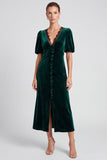 Sheath Dark Green Lace Midi Velvet Dress With Puff Sleeves