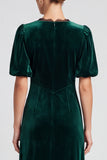 Sheath Dark Green Lace Midi Velvet Dress With Puff Sleeves