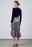 Mermaid Navy and Grey Ruffled Midi Velvet Dress With Long Sleeves