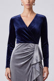 Mermaid Navy and Grey Ruffled Midi Velvet Dress With Long Sleeves