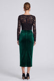 Square Neck Black and Dark Green Lace Midi Velvet Dress With Slit