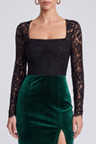 Square Neck Black and Dark Green Lace Midi Velvet Dress With Slit