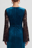Mermaid Peacock Blue Lace Midi Velvet Dress With Long Sleeves