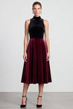 High Neck Black And Burgundy A-Line Midi Velvet Dress