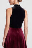 High Neck Black And Burgundy A-Line Midi Velvet Dress