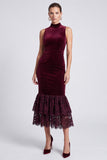 Burgundy High Neck Sheath Midi Velvet Dress with Lace