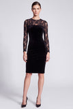Long Sleeve Black Lace Sheath Midi Velvet Dress