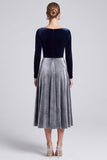 Navy and Grey A-Line Bateau Midi Velvet Dress with Long Sleeves