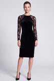 Black Illusion Long Sleeve Lace Midi Velvet Dress