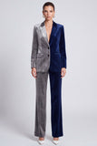 Navy and Grey ColorBlock Single Breasted Velvet 2 Piece Peak Lapel Women Suits