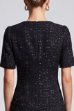 A-Line Black Round Neck Tweed Short Work Dress