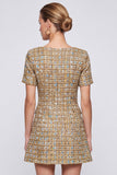 Square Neck Champagne Tweed A-Line Short Sleeve Short Work Dress