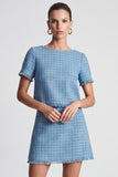 2 Piece Blue A-Line Short Sleeve Short Tweed Work Dress