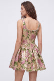 Floral A Line Square Neck Champagne Mini Homecoming Dress With Pearls