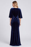 Mermaid Navy Flutter Sleeve Maxi Velvet Dress With Appliques