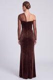 One Shoulder Coffee Sheer Long Sleeve Mermaid Maxi Velvet Dress