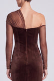 One Shoulder Coffee Sheer Long Sleeve Mermaid Maxi Velvet Dress