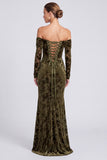 Off The Shoulder Mermaid Floral Olive Maxi Velvet Dress With Long Sleeves