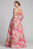 Floral Pink A-Line V-Neck Brocade Long Formal Dress with Pockets