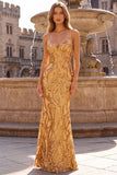 Sparkly Mermaid Spaghetti Straps Gold Maxi Prom Dress
