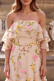 Floral Off The Shoulder A-Line Tiered Champagne Long Prom Dress with Ruffles