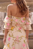 Floral Off The Shoulder A-Line Tiered Champagne Long Prom Dress with Ruffles