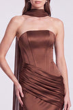 Strapless Corset Satin Mermaid Brown Maxi Dress