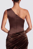 Satin One Shoulder Mermaid Brown Maxi Dress