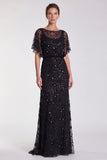Sequins Sky Blue Sheath Maxi Formal Dress With Flutter Sleeves