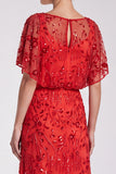 Sequins Sky Blue Sheath Maxi Formal Dress With Flutter Sleeves