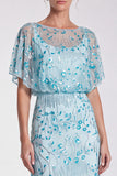 Sequins Sky Blue Sheath Maxi Formal Dress With Flutter Sleeves