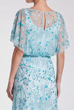 Sequins Sky Blue Sheath Maxi Formal Dress With Flutter Sleeves