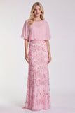 Sequins Pink Sheath Flutter Sleeve Chiffon Maxi Formal Dress