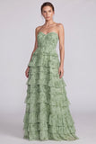 Strapless A line Tiered Brown Maxi Formal Dress
