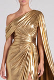 One Shoulder Gold Metallic Sheath Maxi Formal Dress
