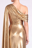One Shoulder Gold Metallic Sheath Maxi Formal Dress